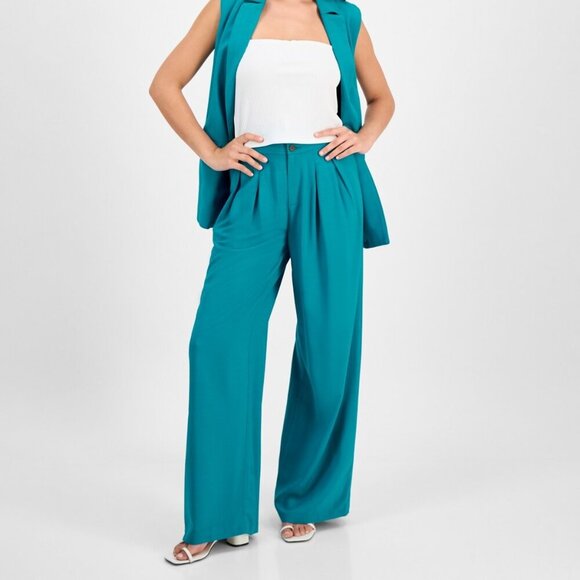 Bar III Vibrant Teal Petite High‑Rise Pleat‑Front Wide Leg Pants NWT 12 Petite - Picture 2 of 4